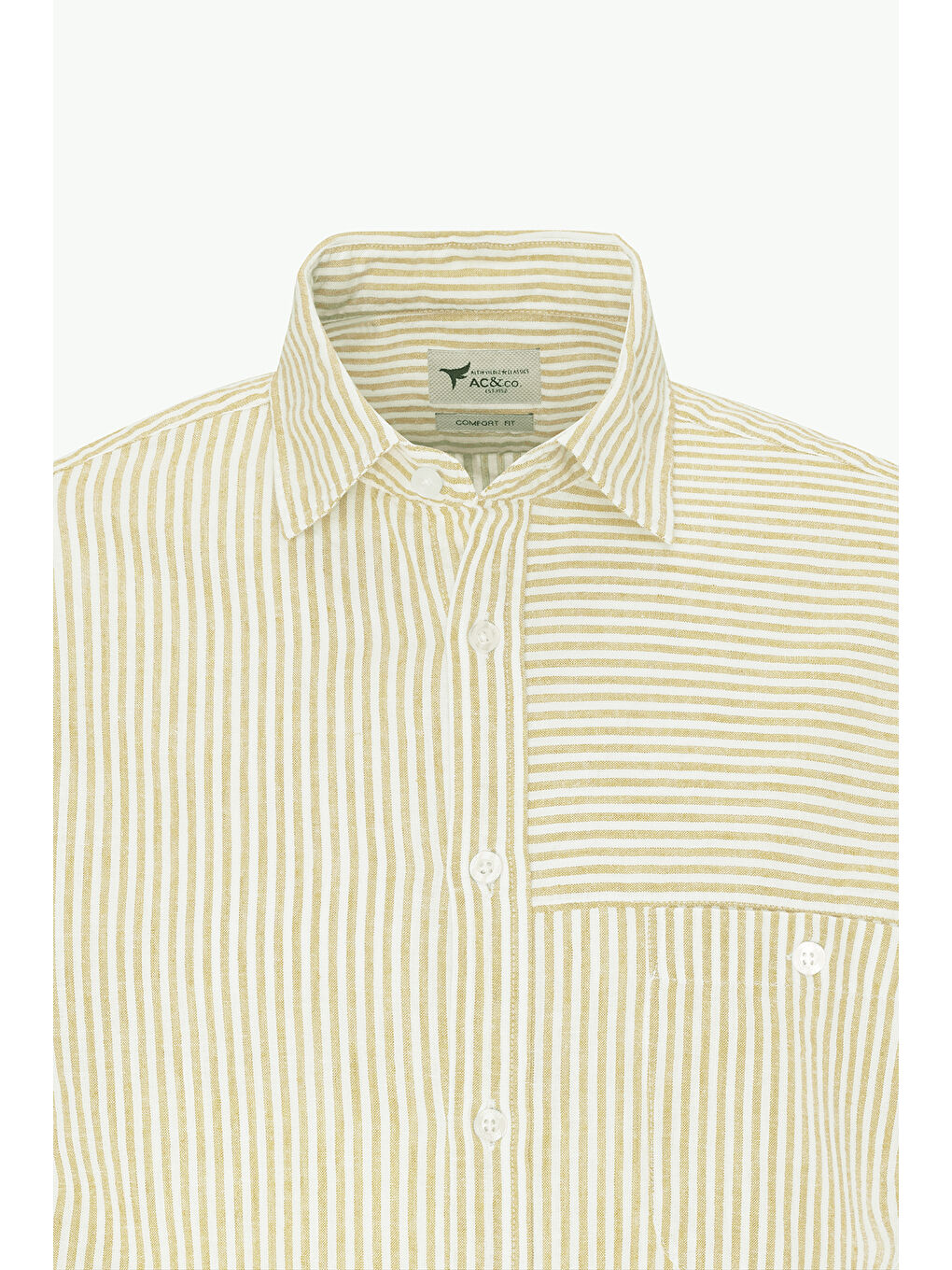Erkek Sarı-Beyaz Keten Comfort Fit Rahat Kesim Klasik Yaka Çizgili Gömlek-6