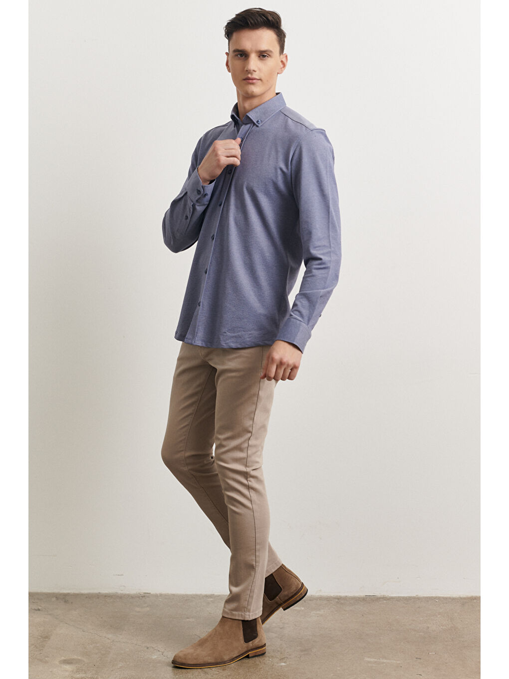 Erkek Lacivert Slim Fit Dar Kesim Oxford Düğmeli Yaka Pike Desenli Pamuklu Gömlek-1