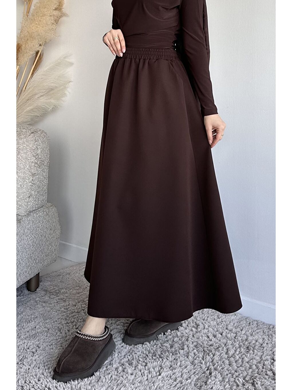 Kahverengi Bel Lastikli Cepli Tesettür Etek-3