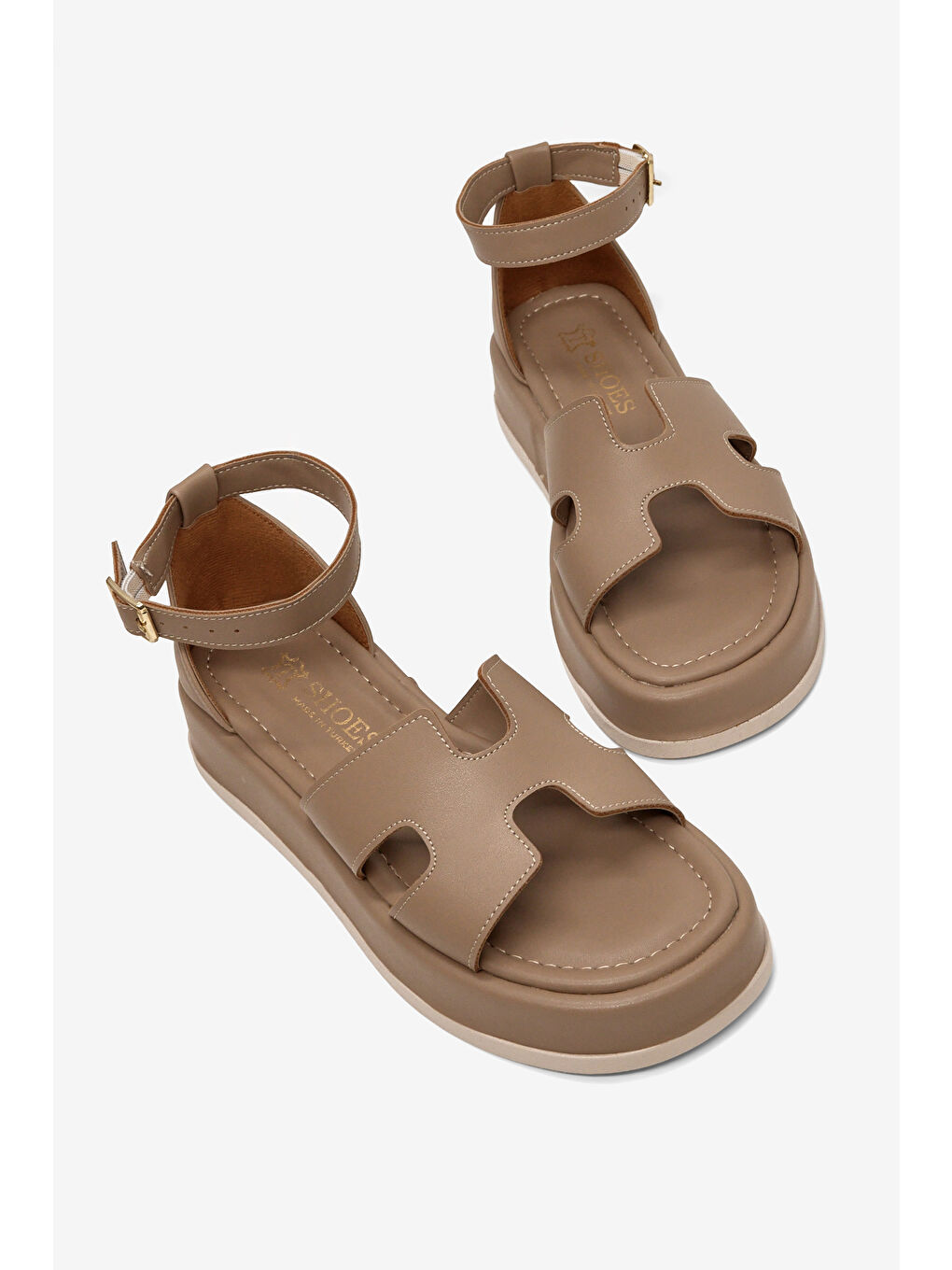 Bej Kadın Vizon Cilt Rahat Kalıp Bilekten Bağlanmalı Sandalet-4