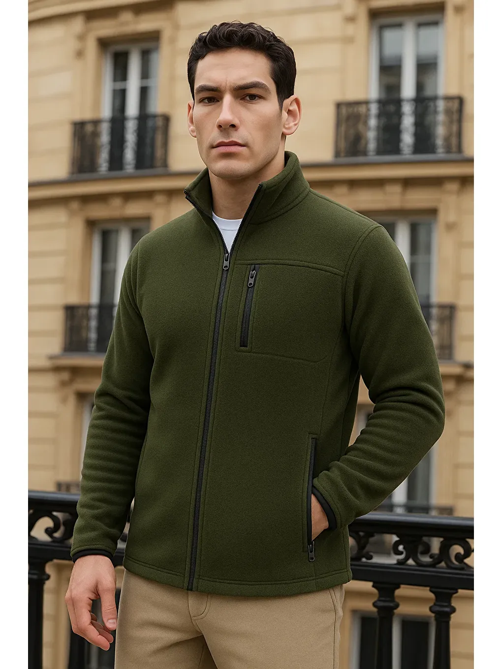 Erkek Kışlık Basic Fermuarlı Cepli Haki Polar Hırka-1