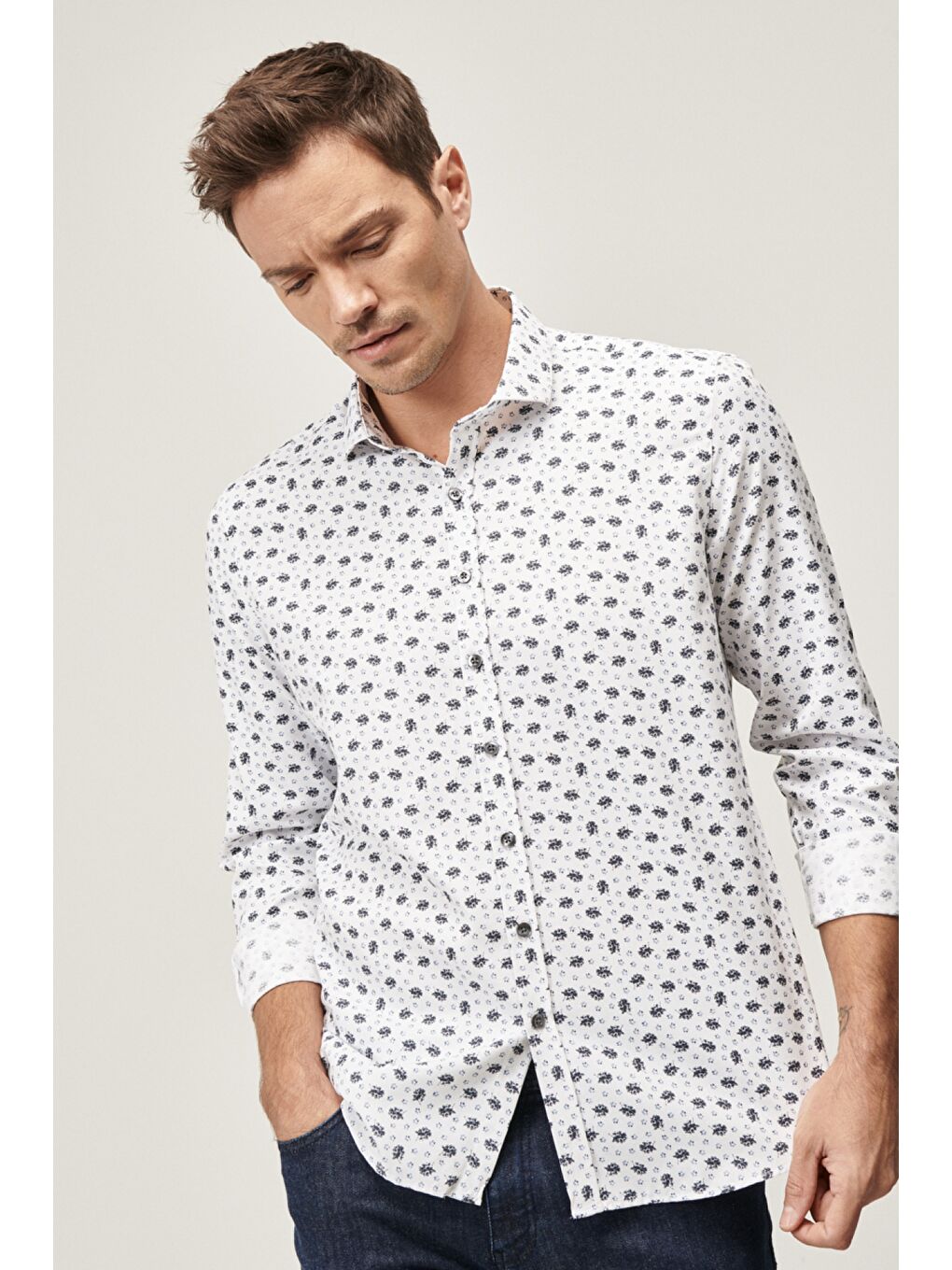 Erkek Beyaz-Gri Tailored Slim Fit İtalyan Yaka Baskılı Gömlek-2