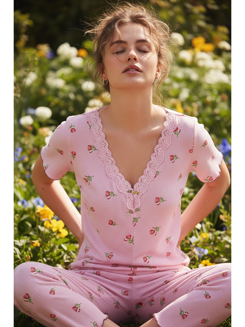 Pembe Dantelli Bürümcük-krınkıl Kısa Kollu Pijama Takım 26120727