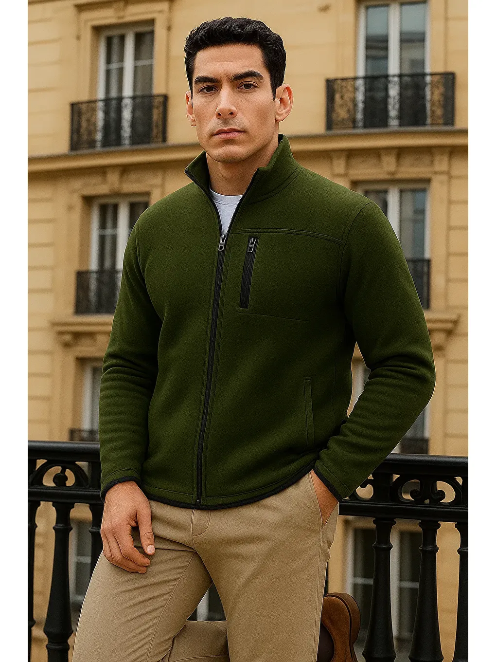 Erkek Kışlık Basic Fermuarlı Cepli Haki Polar Hırka-2