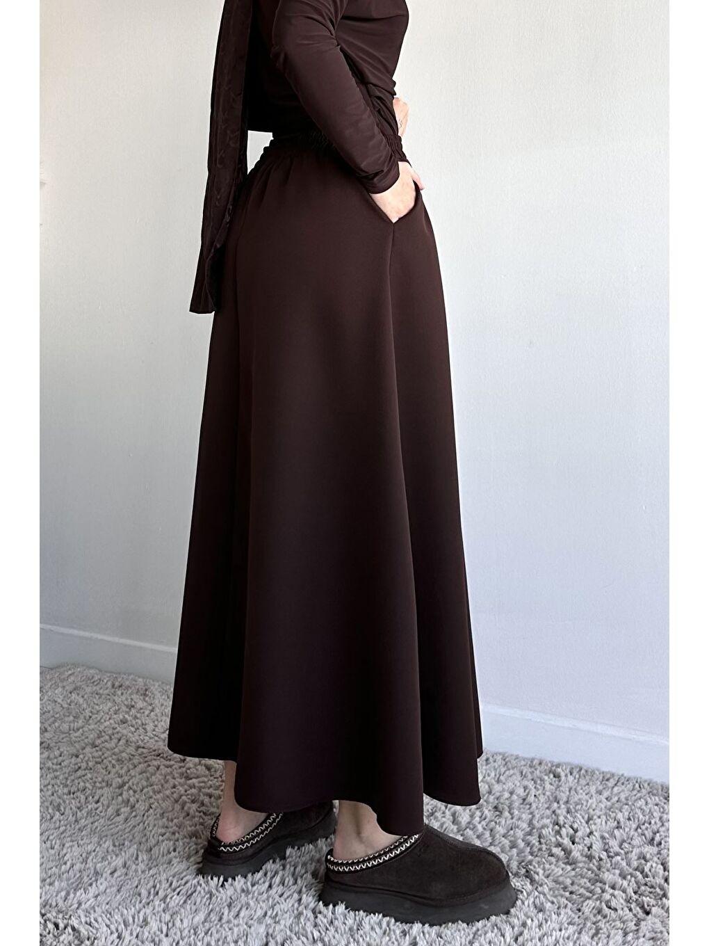 Kahverengi Bel Lastikli Cepli Tesettür Etek-5