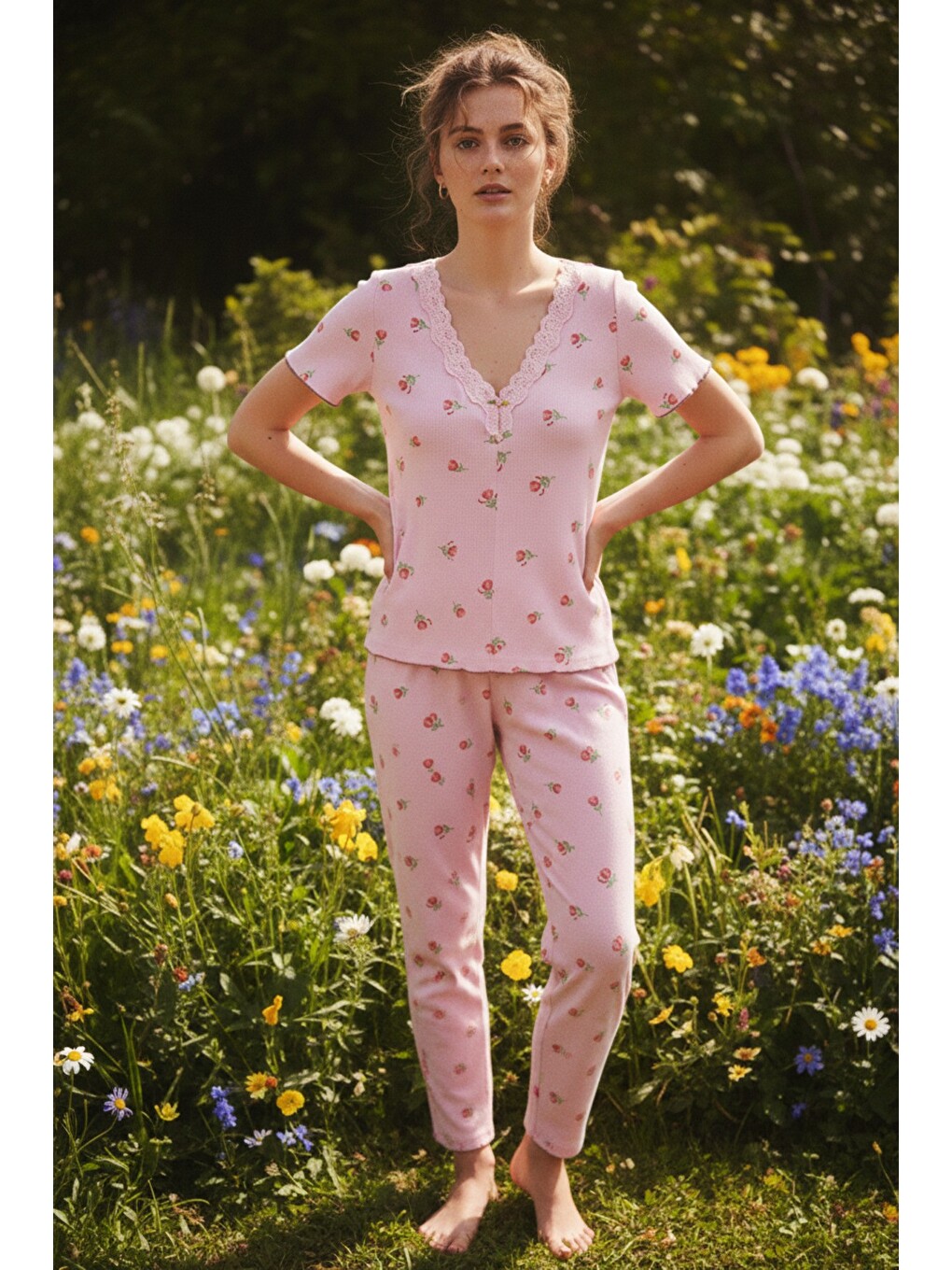 Pembe Dantelli Bürümcük-krınkıl Kısa Kollu Pijama Takım 26120727-1