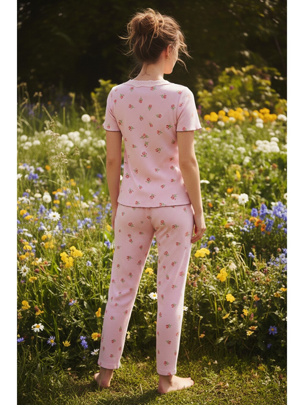 Pembe Dantelli Bürümcük-krınkıl Kısa Kollu Pijama Takım 26120727-2
