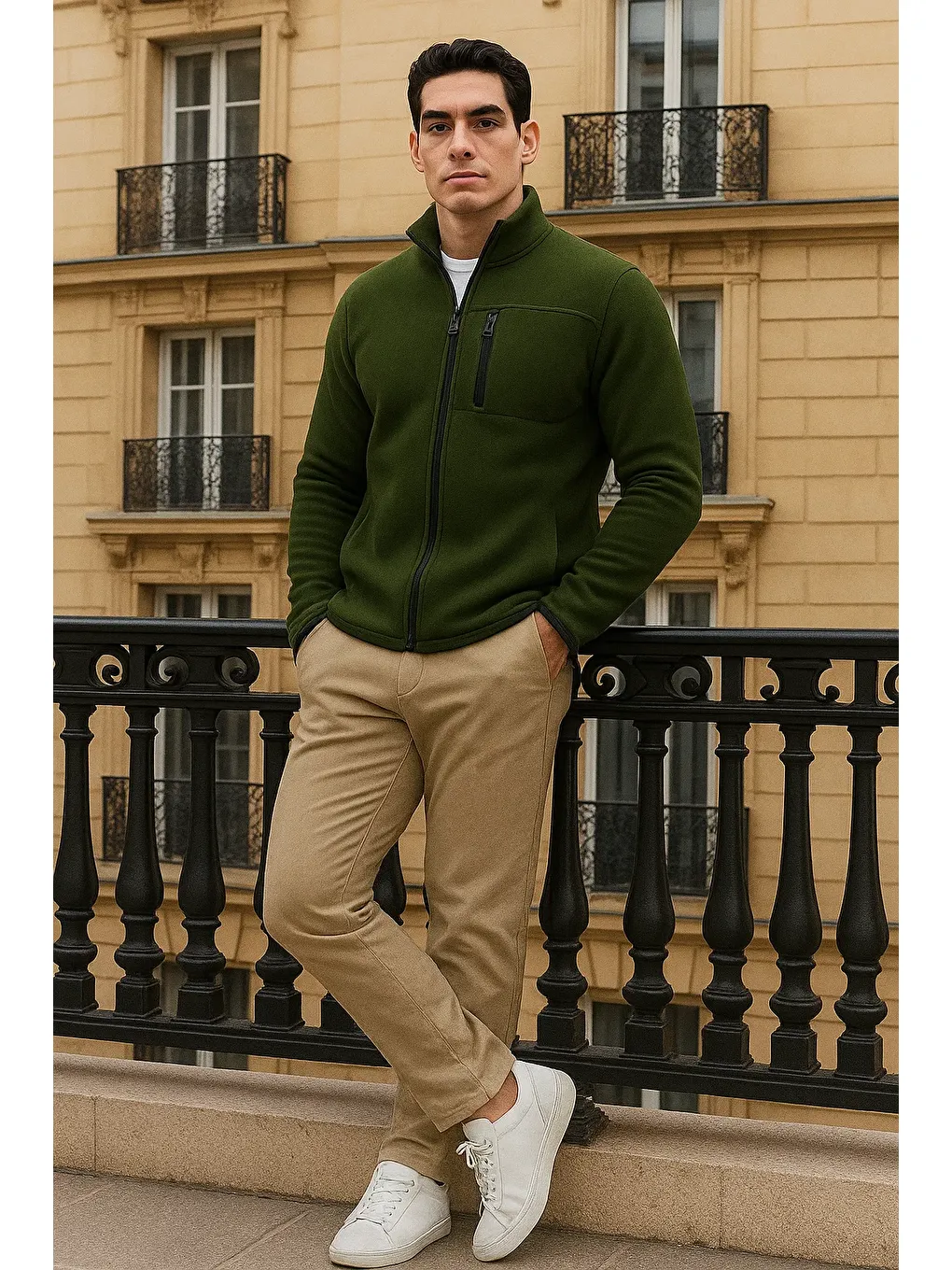 Erkek Kışlık Basic Fermuarlı Cepli Haki Polar Hırka-3