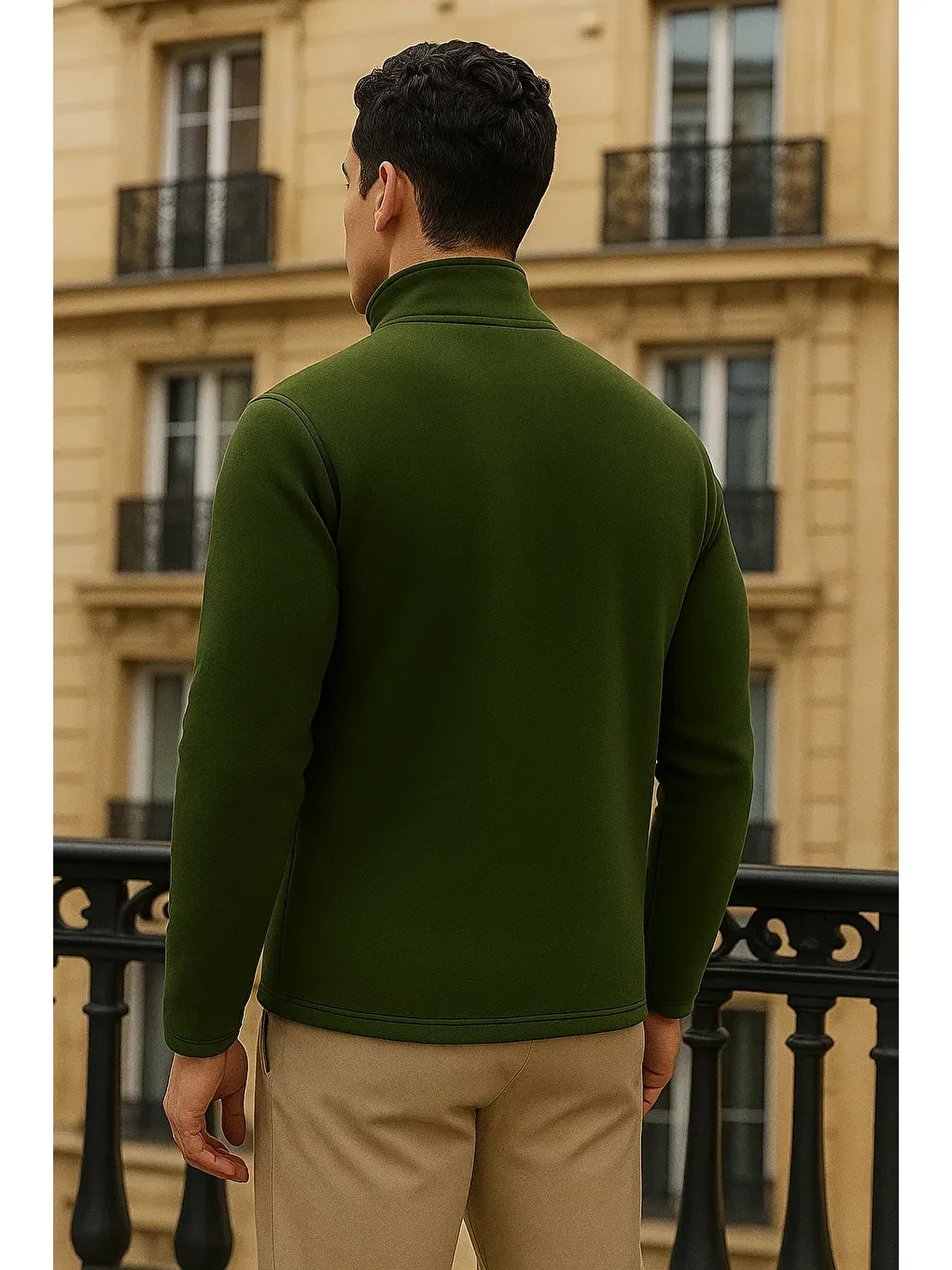 Erkek Kışlık Basic Fermuarlı Cepli Haki Polar Hırka-4