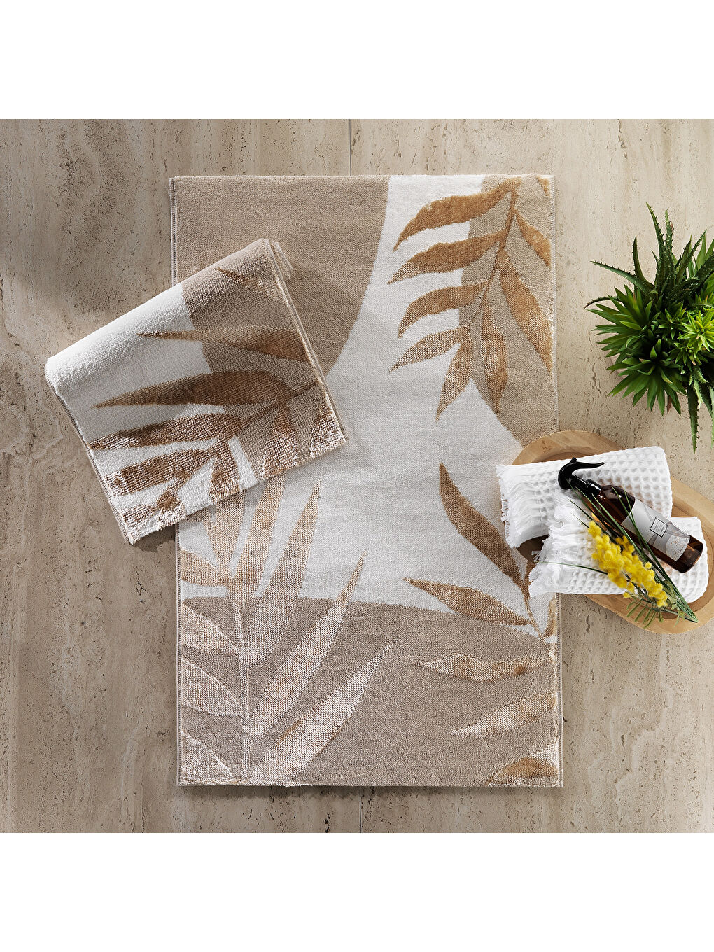 Kahverengi Home Floral 2’li Pamuk Floş Banyo Paspası 60x100 / 40x60 Cm - Gold