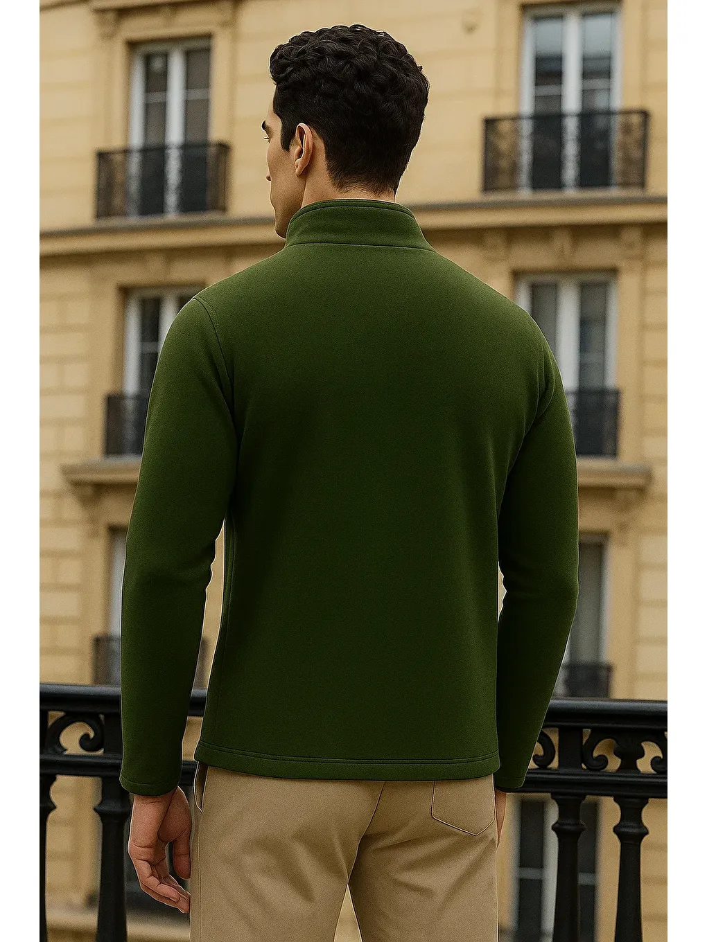 Erkek Kışlık Basic Fermuarlı Cepli Haki Polar Hırka-5