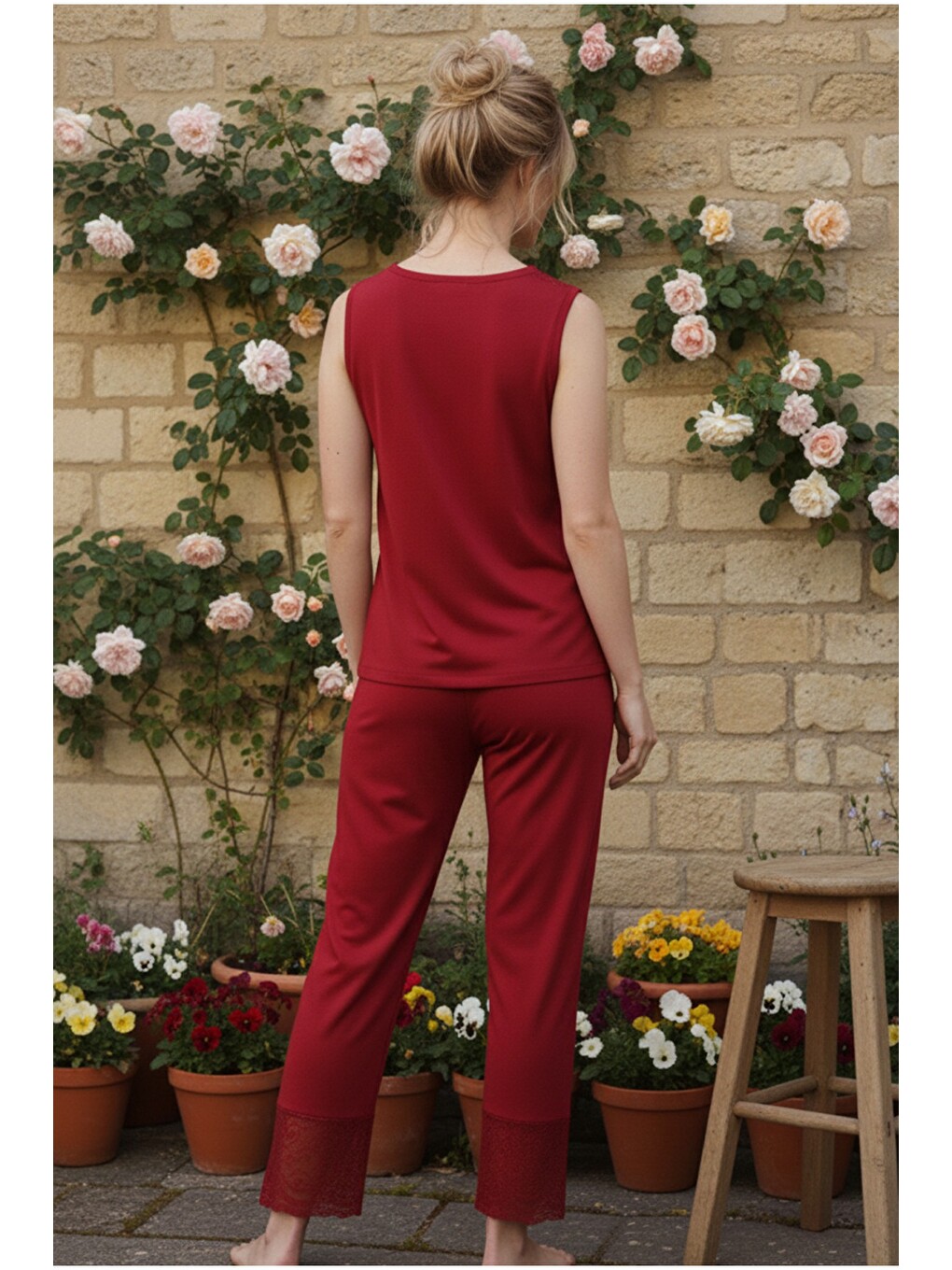 Bordo Dantel Detaylı Kolsuz Örme Viskon Pijama Takım26120751-2