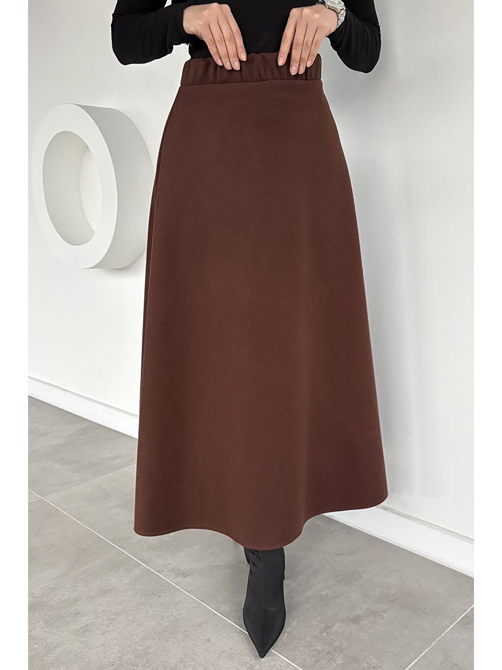 Kahverengi Bel Lastikli Kaşe Tesettür Etek-8