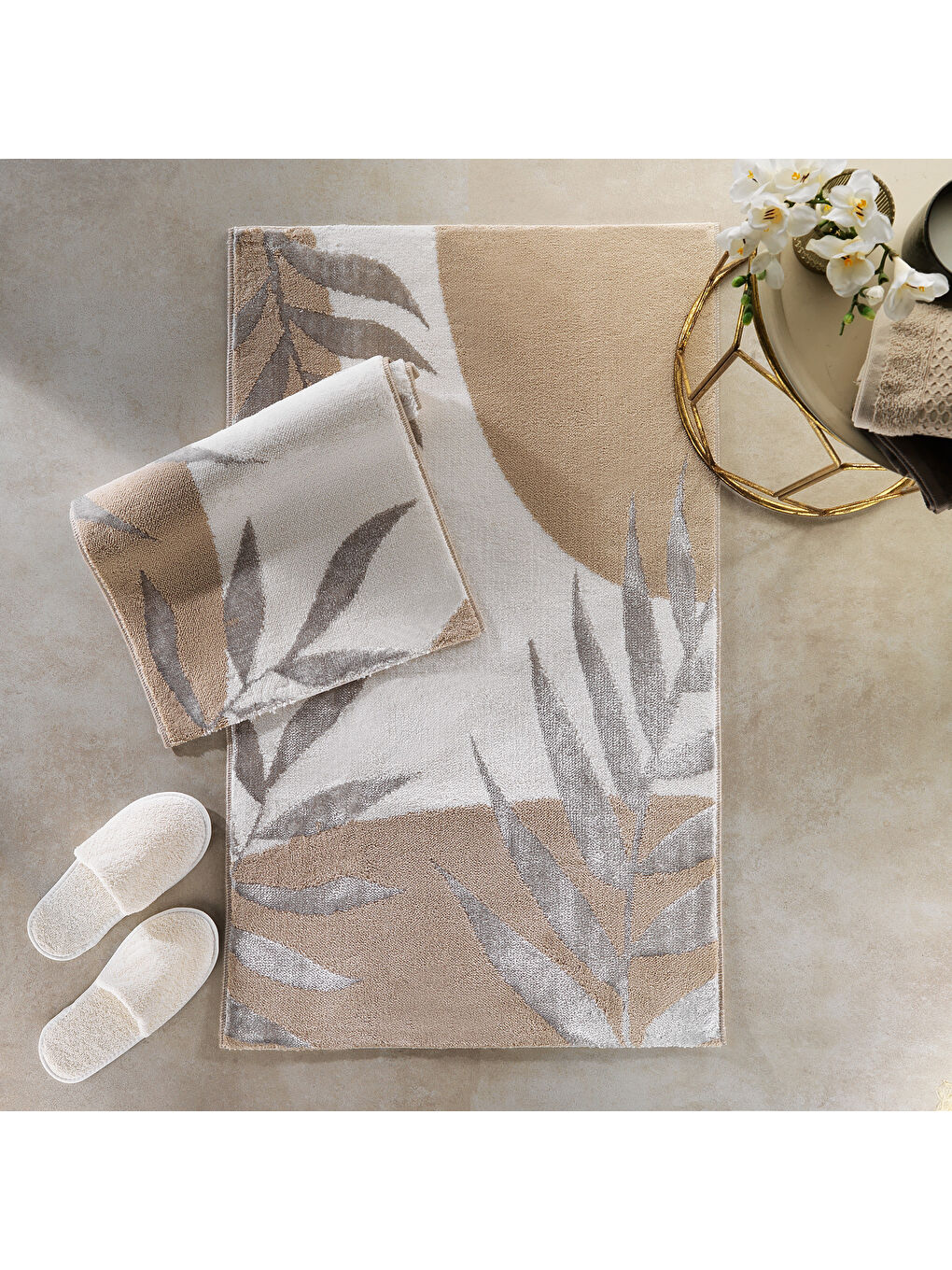 Home Floral 2’li Pamuk Floş Banyo Paspası 60x100 / 40x60 Cm - Bej