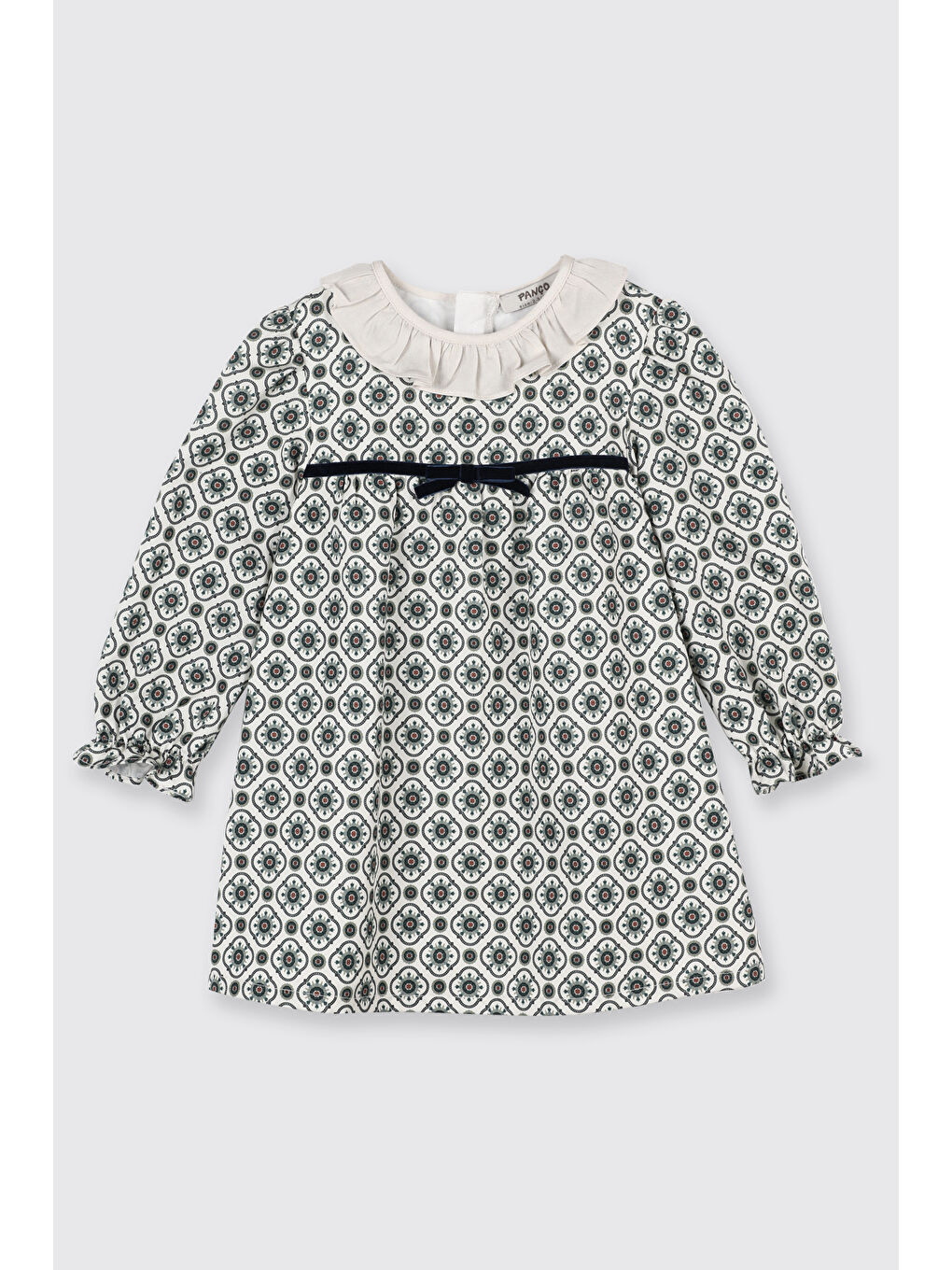 Kız Çocuk Fırfır Yakalı Uzun Kollu Fiyonk Detaylı Pamuk Astarlı Gizli Fermuarlı Yeşil Elbise