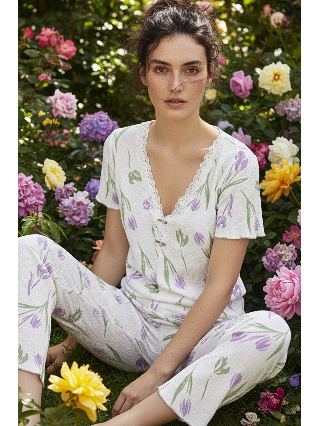 Ekru Dantelli Bürümcük-krınkıl Kısa Kollu Pijama Takım 26120727