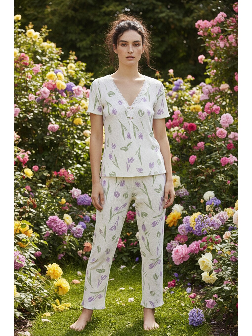 Ekru Dantelli Bürümcük-krınkıl Kısa Kollu Pijama Takım 26120727-1