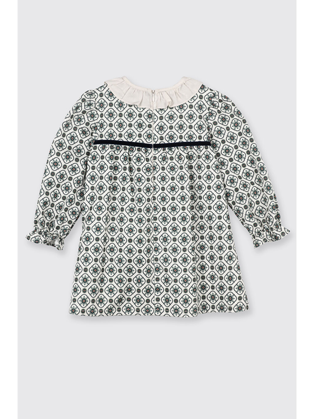 Kız Çocuk Fırfır Yakalı Uzun Kollu Fiyonk Detaylı Pamuk Astarlı Gizli Fermuarlı Yeşil Elbise-1