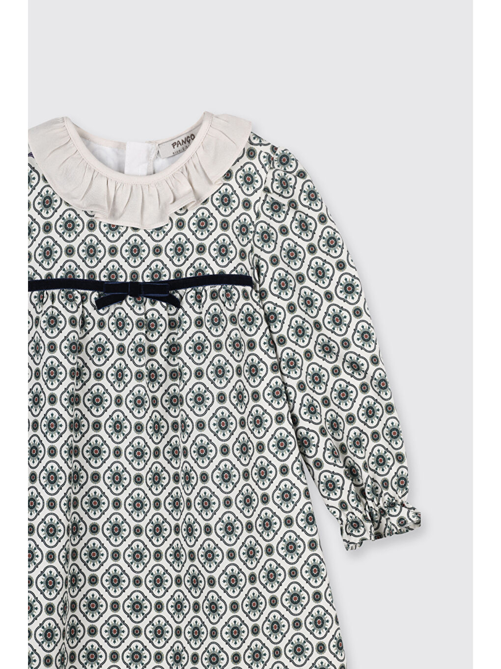 Kız Çocuk Fırfır Yakalı Uzun Kollu Fiyonk Detaylı Pamuk Astarlı Gizli Fermuarlı Yeşil Elbise-2