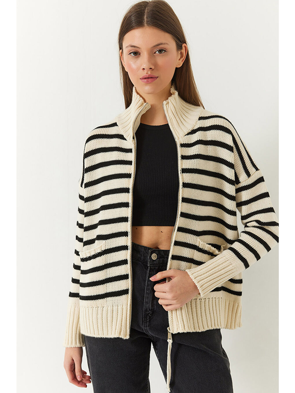 Lila Kadın Çizgili Fermuarlı Triko Hırka