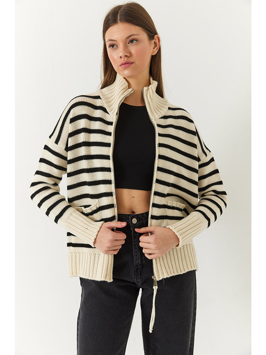 Lila Kadın Çizgili Fermuarlı Triko Hırka-1