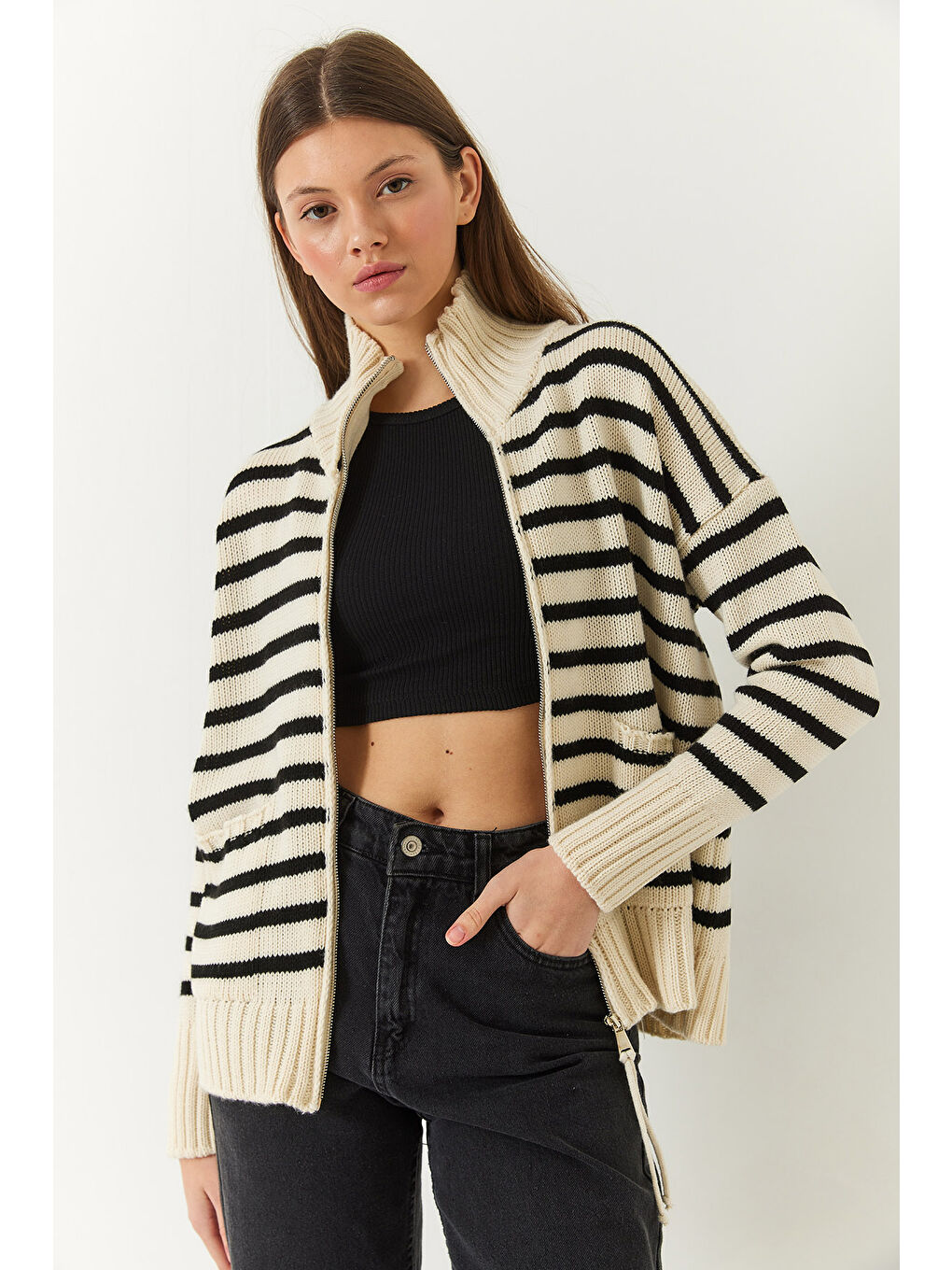 Lila Kadın Çizgili Fermuarlı Triko Hırka-2