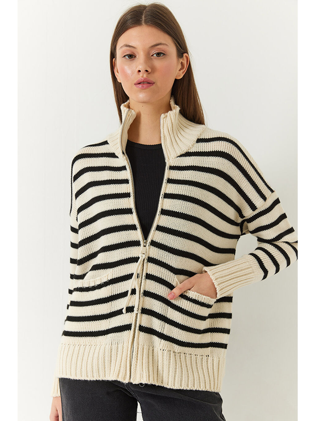 Lila Kadın Çizgili Fermuarlı Triko Hırka-3