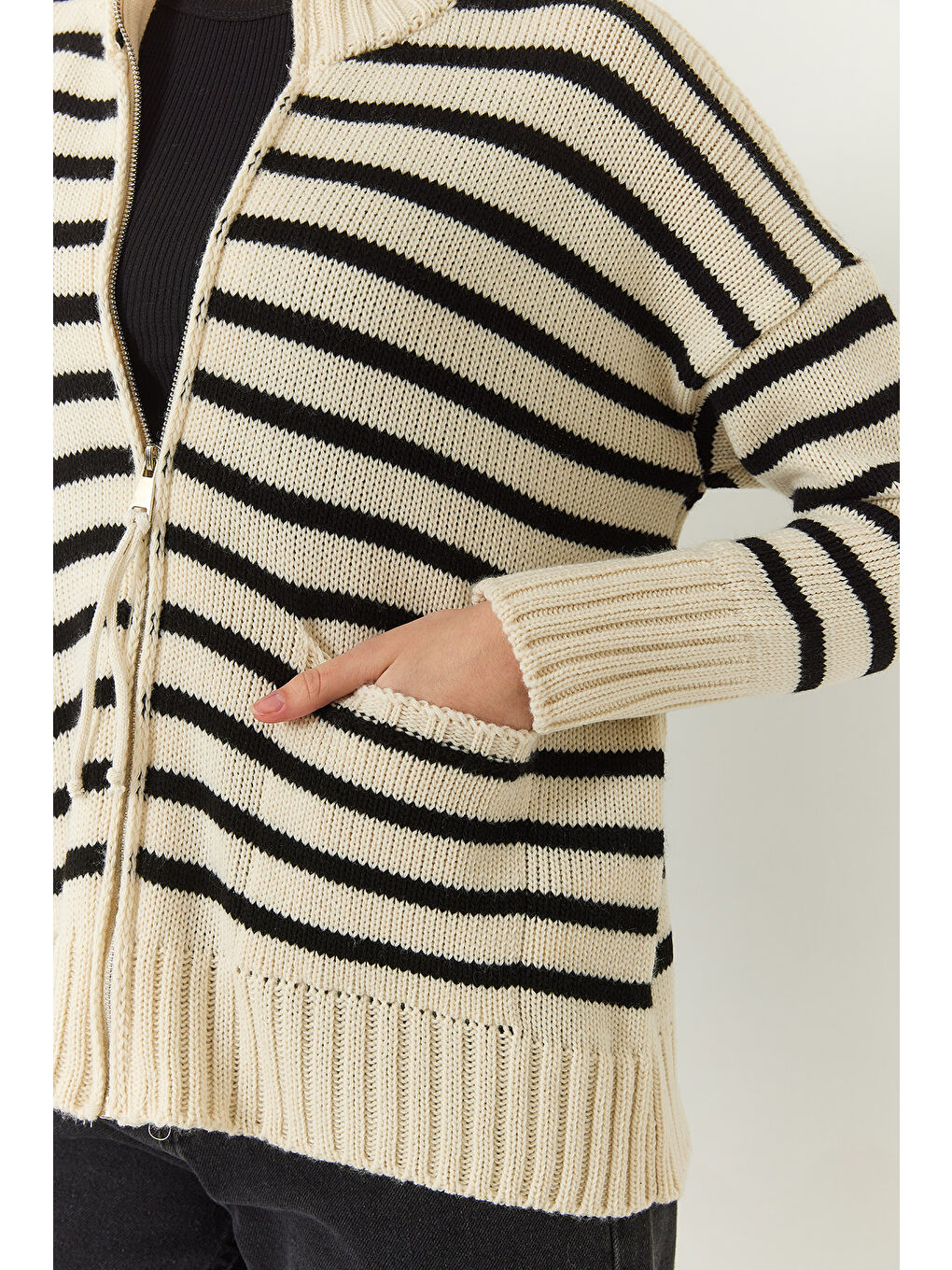 Lila Kadın Çizgili Fermuarlı Triko Hırka-4