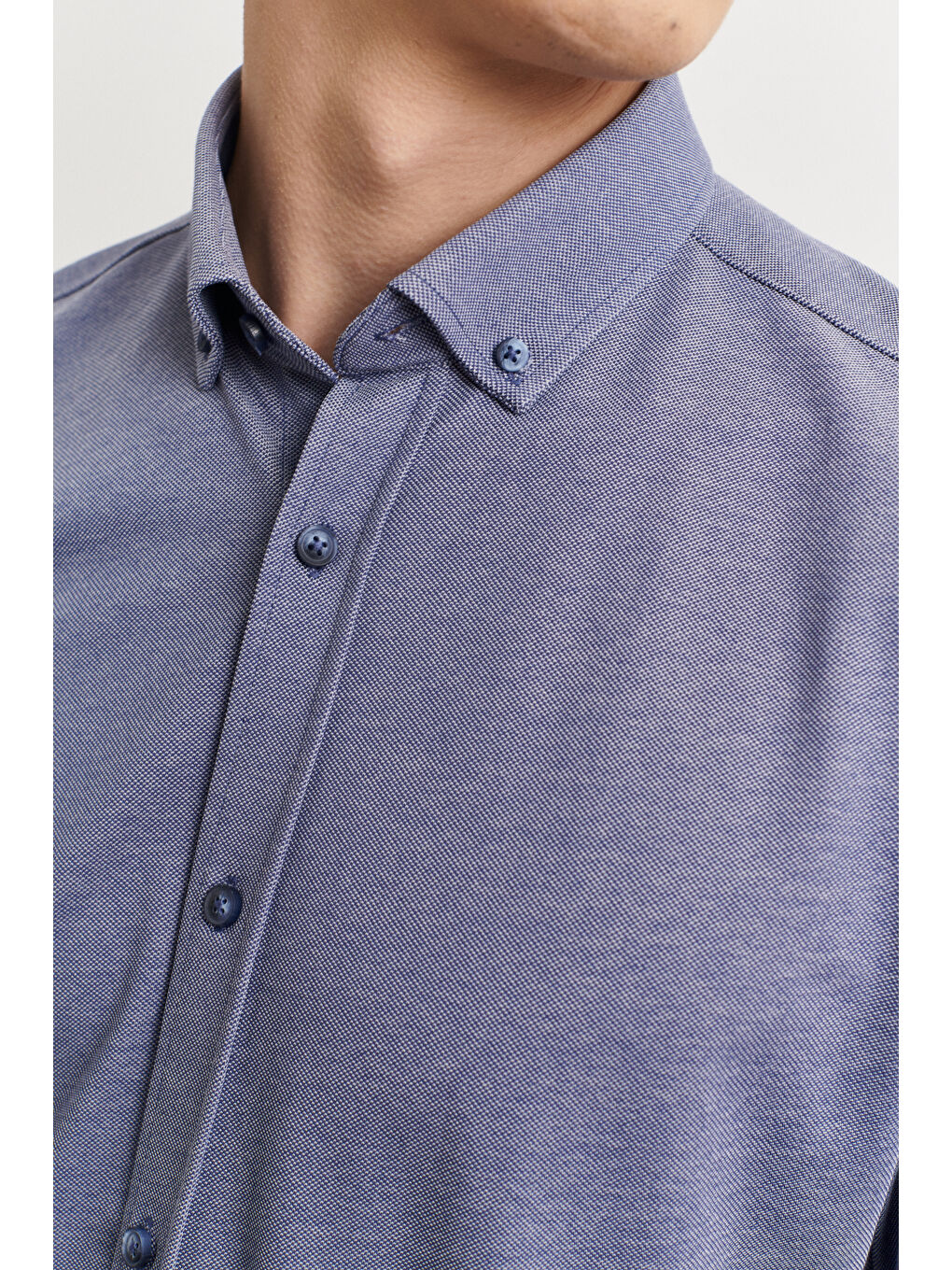 Erkek Lacivert Slim Fit Dar Kesim Oxford Düğmeli Yaka Pike Desenli Pamuklu Gömlek-3