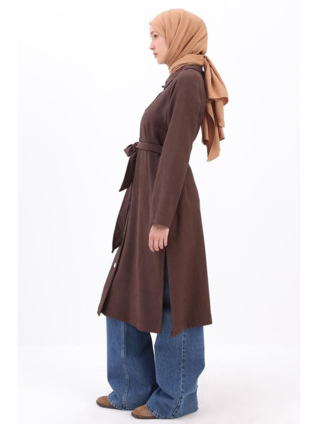 Kahverengi Acı Kahve-Gömlek Yakalı Düğmeli Kuşaklı Kap-2