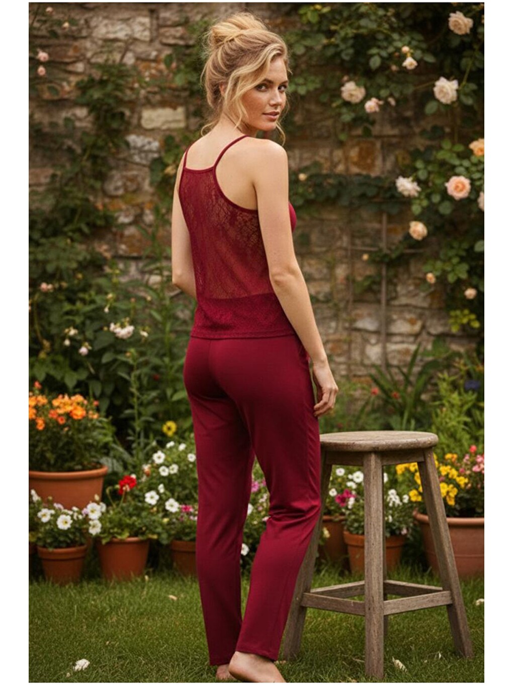 Bordo Sırt Dantel Detaylı İp Askılı Örme Viskon Pijama Takım26120753-2