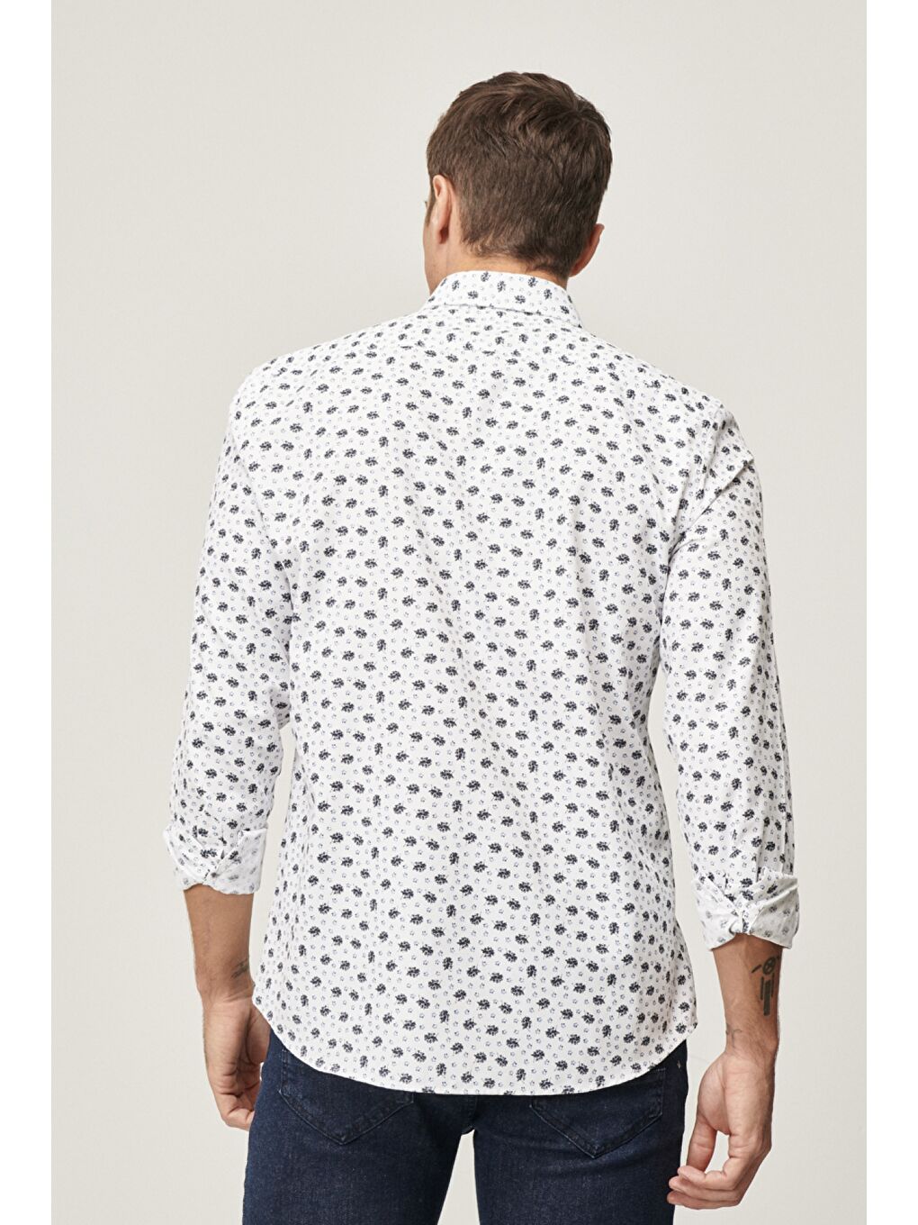 Erkek Beyaz-Gri Tailored Slim Fit İtalyan Yaka Baskılı Gömlek-4