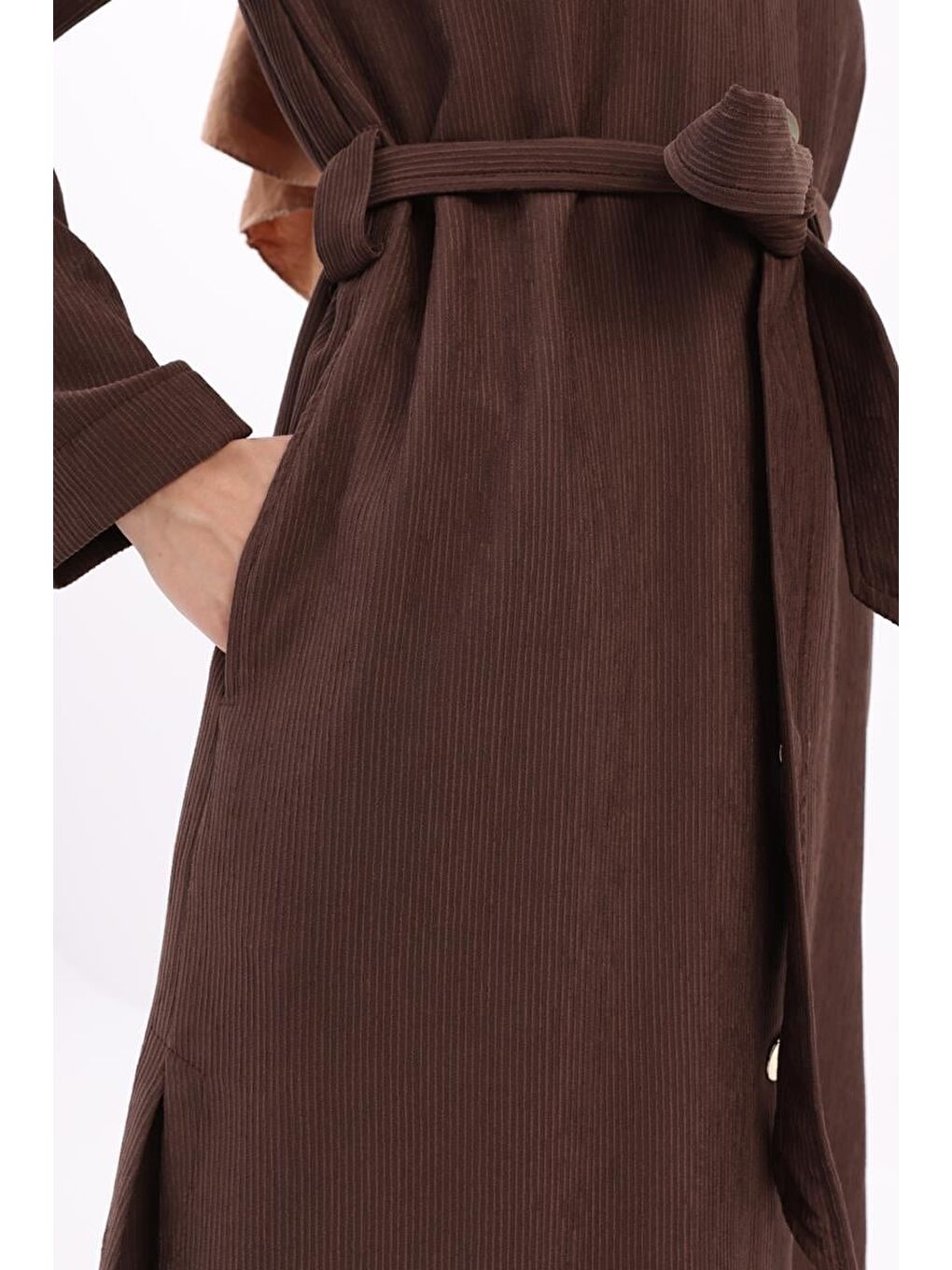 Kahverengi Acı Kahve-Gömlek Yakalı Düğmeli Kuşaklı Kap-4