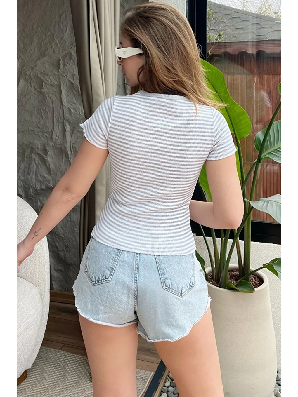 Gri Kadın Çizgili Kaşkorse Bluz-3