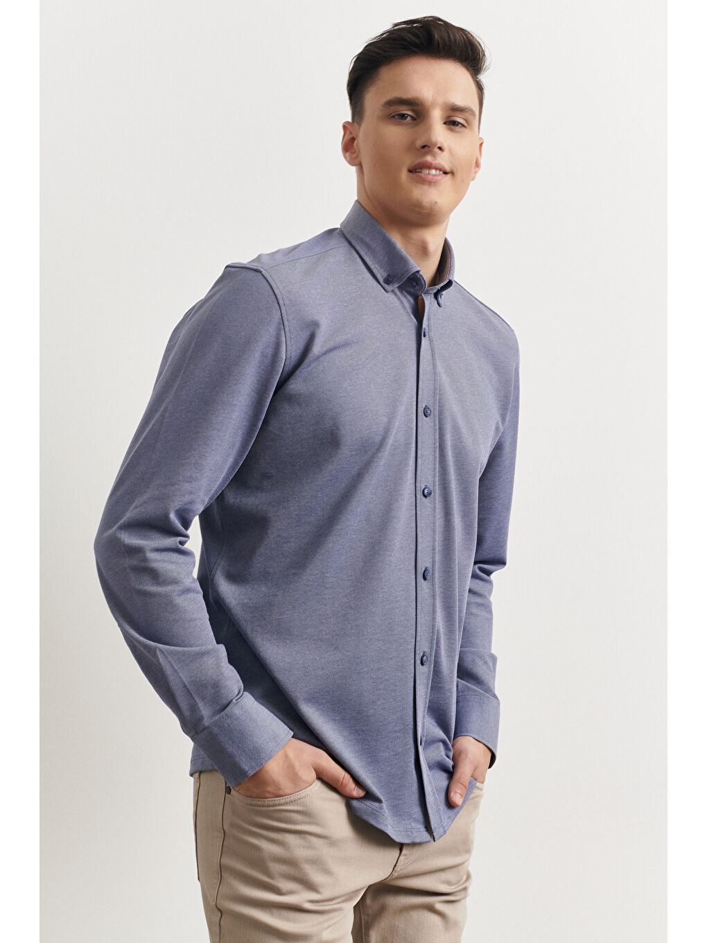 Erkek Lacivert Slim Fit Dar Kesim Oxford Düğmeli Yaka Pike Desenli Pamuklu Gömlek-4