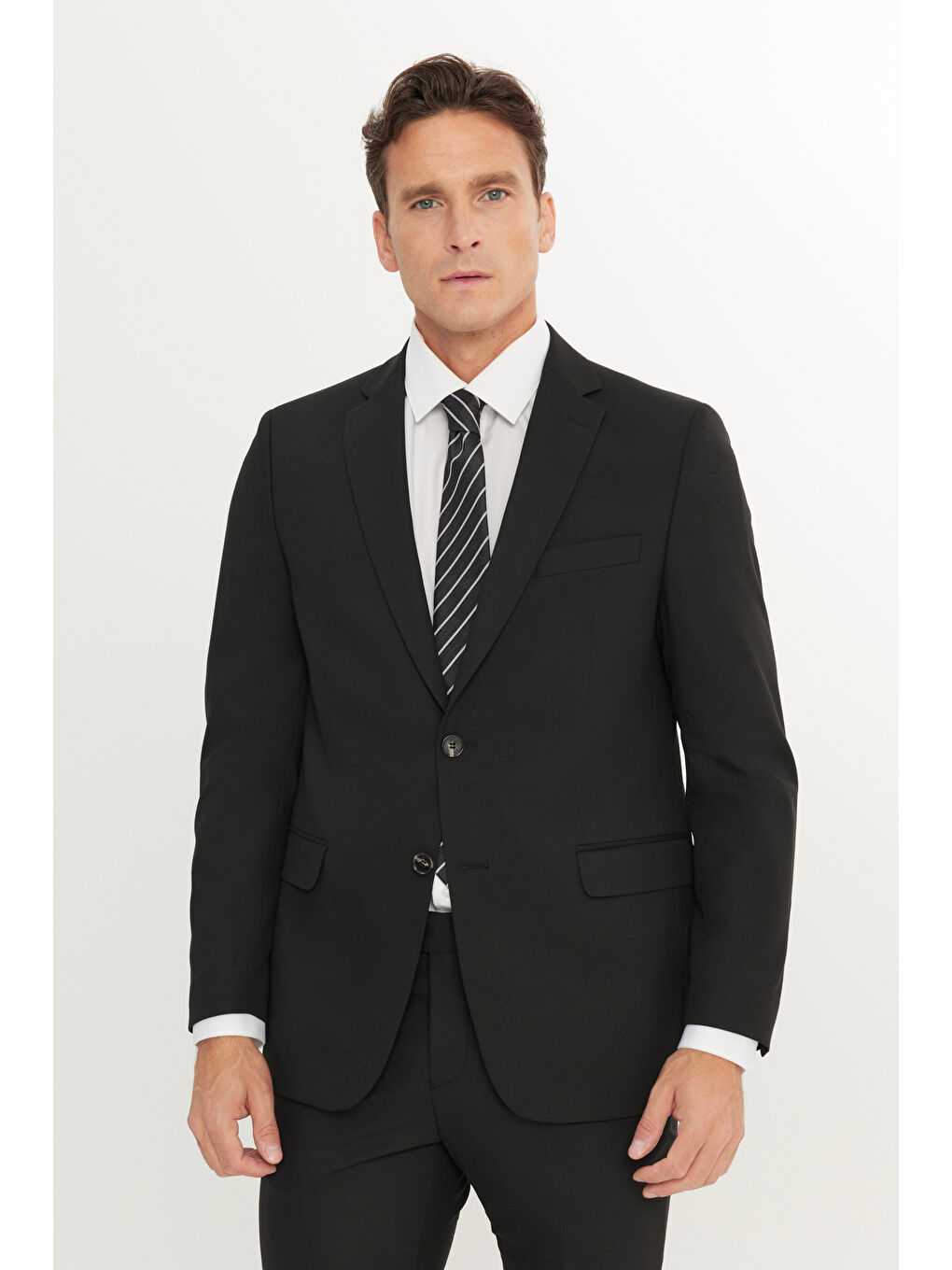 Erkek Siyah Su Geçirmez Slim Fit Dar Kesim Mono Yaka Yünlü Nano Takım Elbise