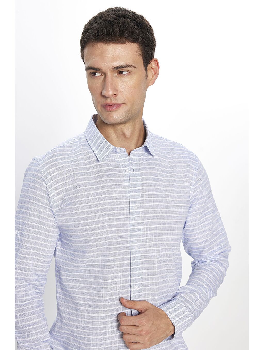 Erkek Slim Fit Dar Kesim Uzun Kollu %100 Pamuk Keten Doku Çizgili Mavi Gömlek