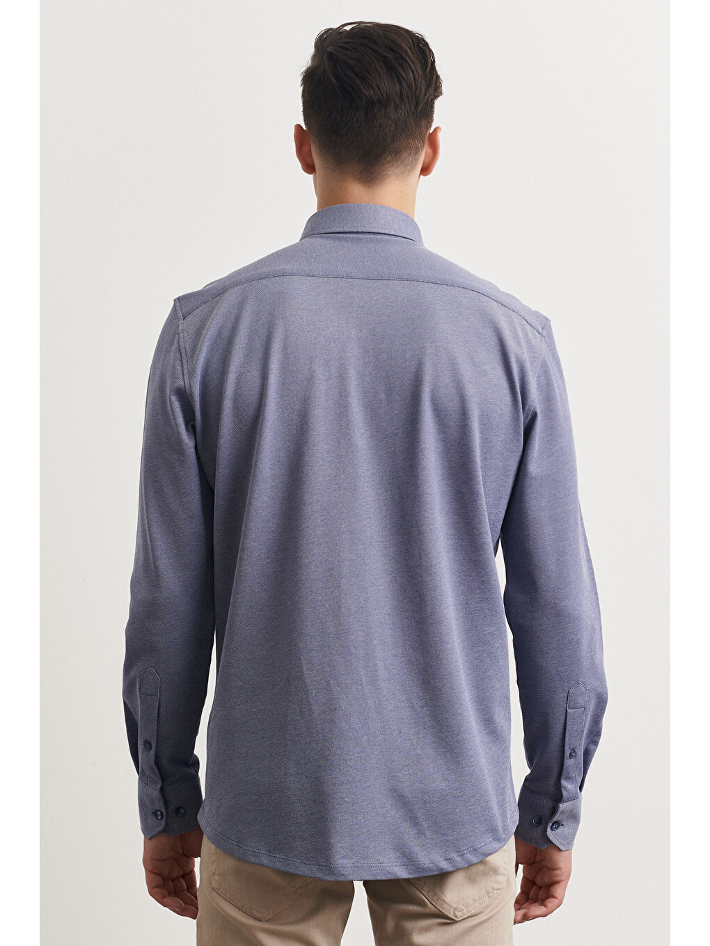 Erkek Lacivert Slim Fit Dar Kesim Oxford Düğmeli Yaka Pike Desenli Pamuklu Gömlek-5