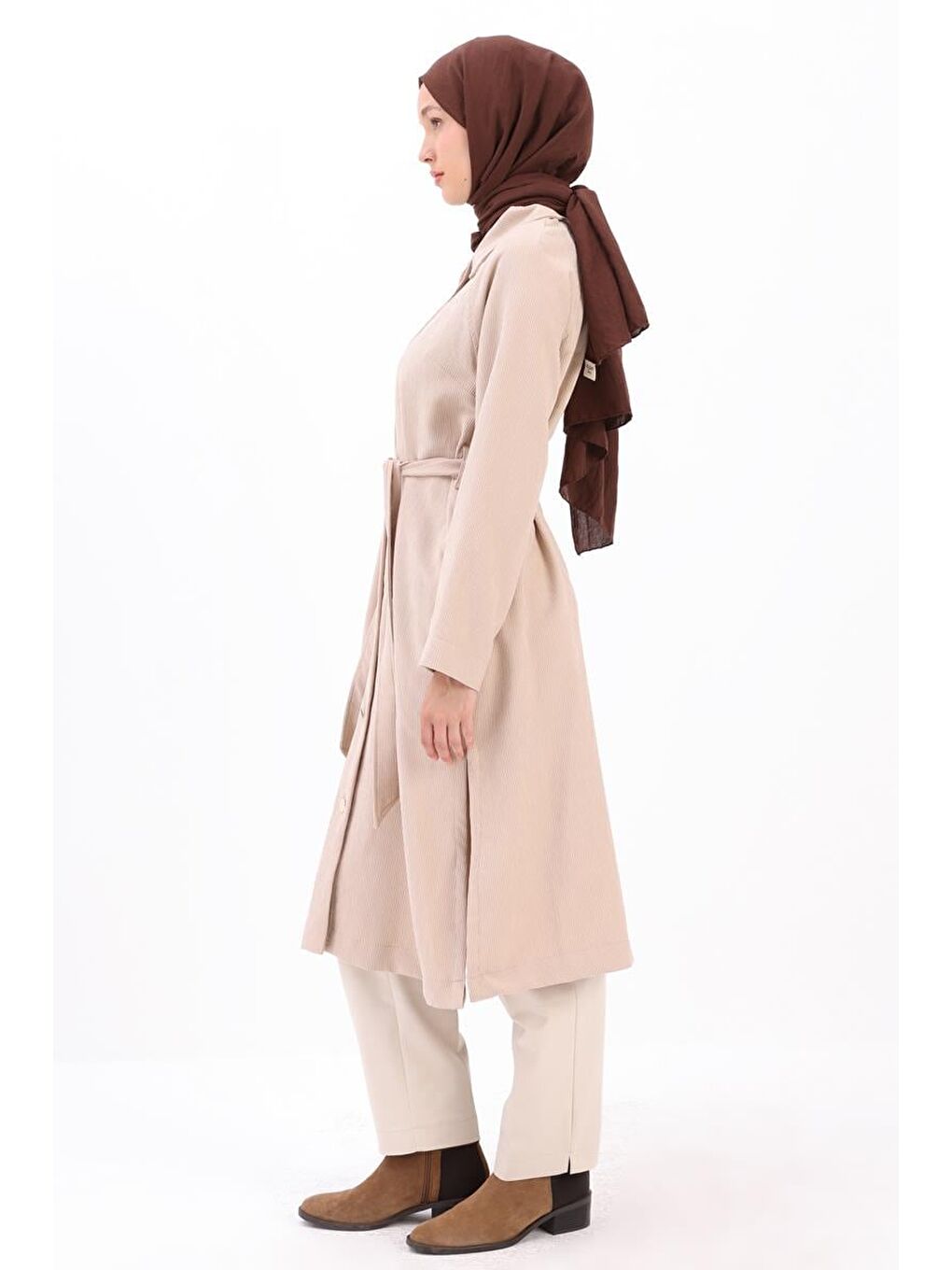 Bej-Gömlek Yakalı Düğmeli Kuşaklı Kap-2