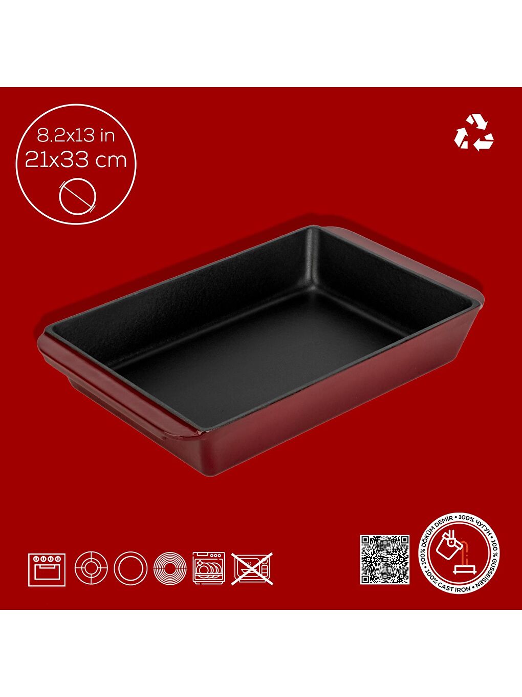 Bordo Dikdörtgen Rosto ve Fırın Tepsisi Döküm Demir Yekpare Çift Kulplu Ölçü 21x33cm.-3
