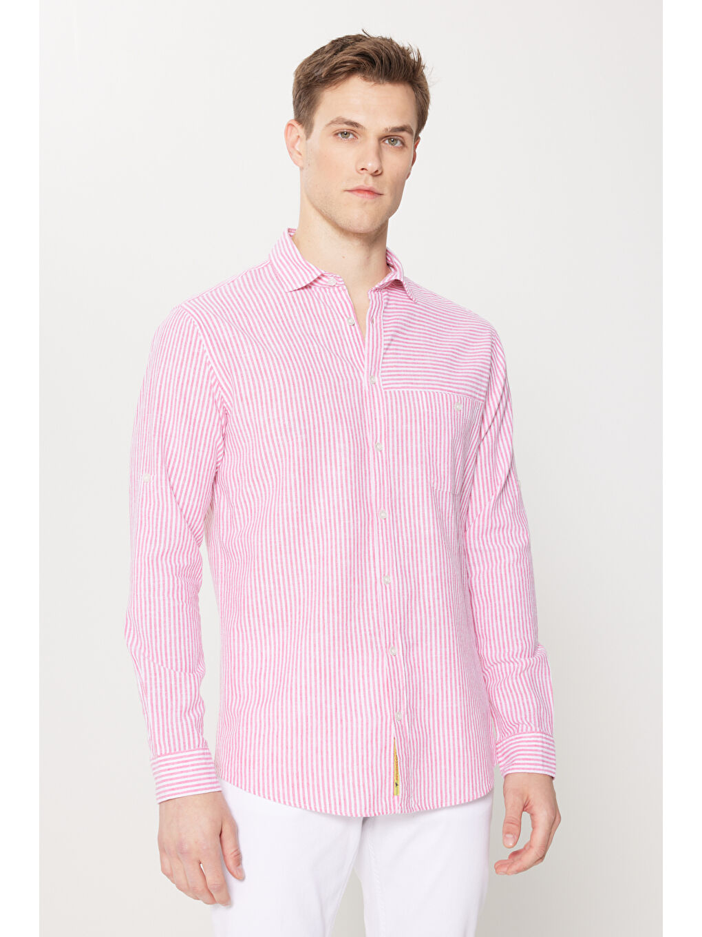 Beyaz Erkek MERCAN BEYAZ Keten Comfort Fit Rahat Kesim Klasik Yaka Çizgili Gömlek