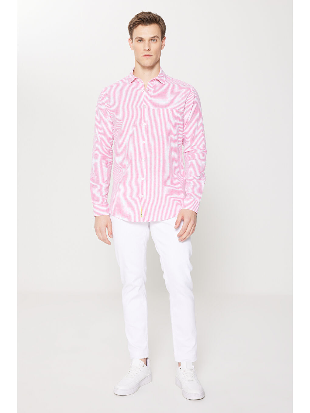 Beyaz Erkek MERCAN BEYAZ Keten Comfort Fit Rahat Kesim Klasik Yaka Çizgili Gömlek-1