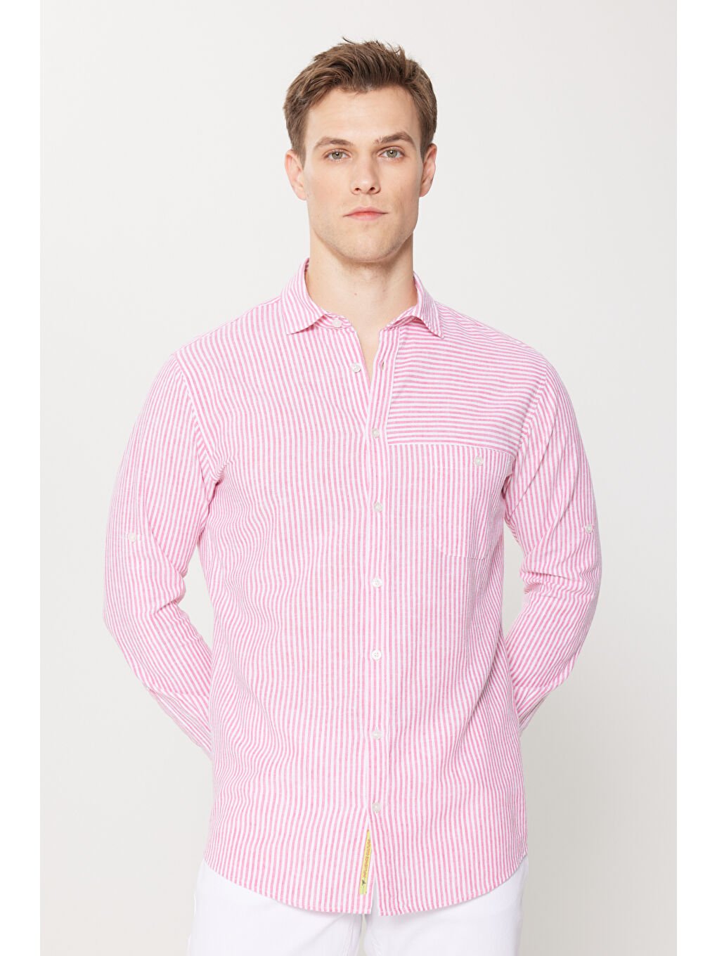 Beyaz Erkek MERCAN BEYAZ Keten Comfort Fit Rahat Kesim Klasik Yaka Çizgili Gömlek-2