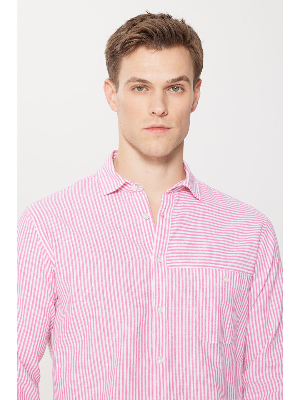 Beyaz Erkek MERCAN BEYAZ Keten Comfort Fit Rahat Kesim Klasik Yaka Çizgili Gömlek-3