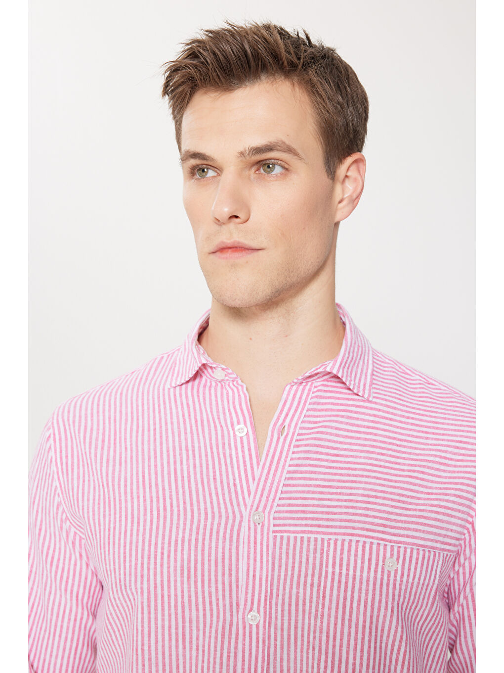 Beyaz Erkek MERCAN BEYAZ Keten Comfort Fit Rahat Kesim Klasik Yaka Çizgili Gömlek-4