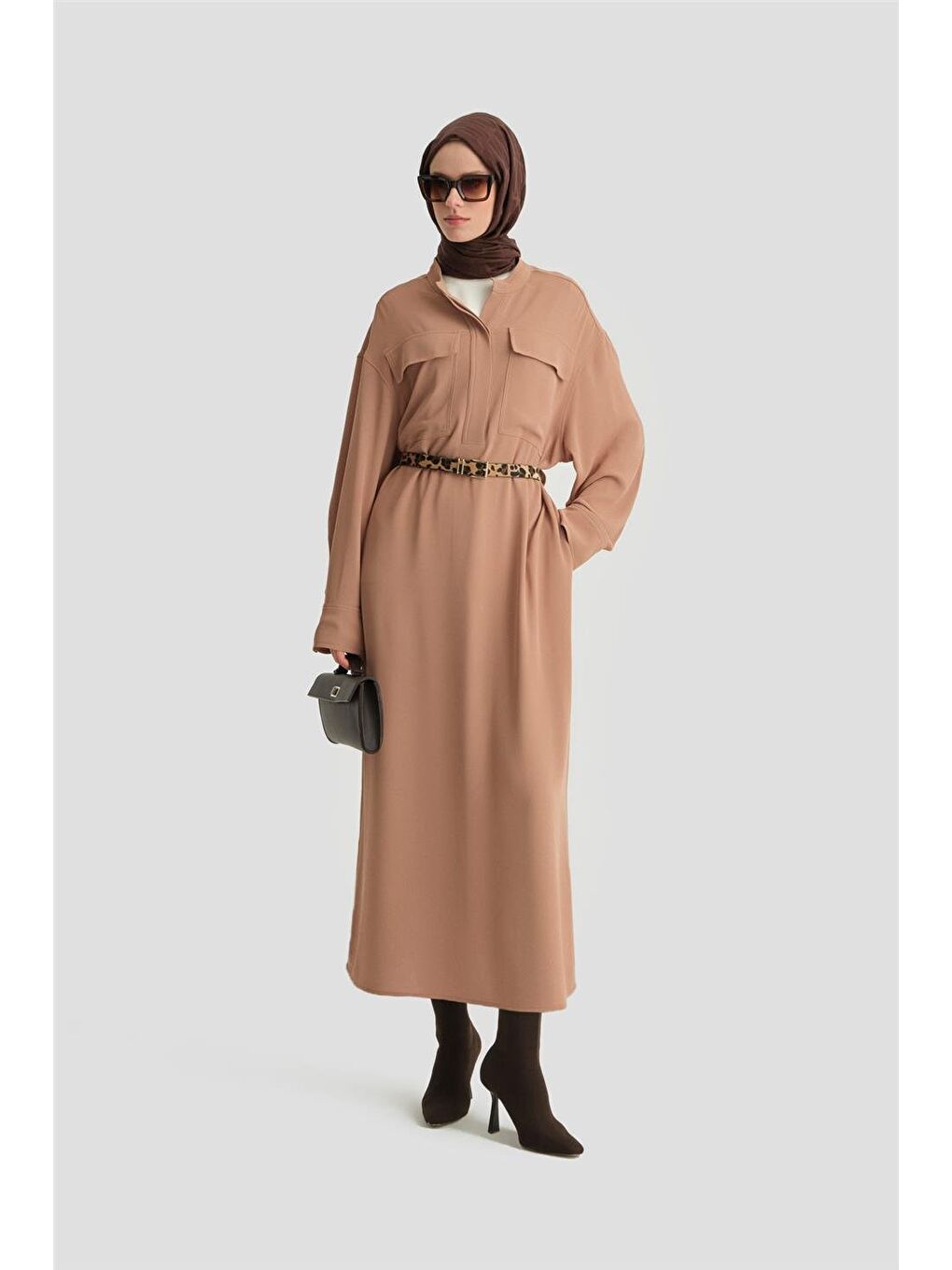 Kahverengi Kapaklı Cepli Elbise Ort9925 Camel