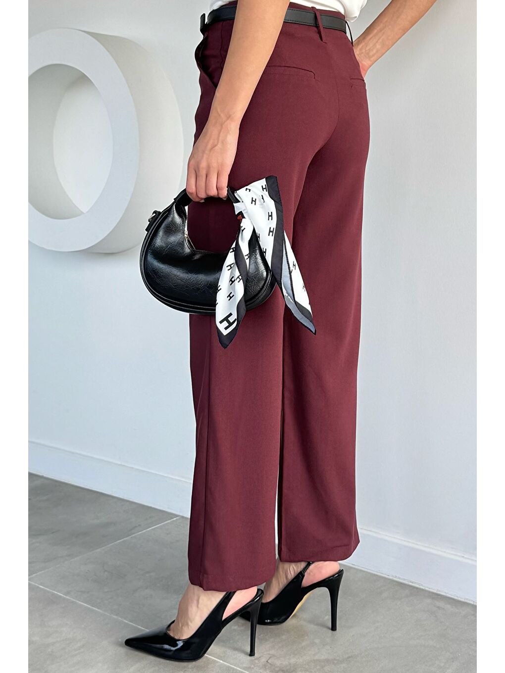 Bordo Kadın Kemerli Bol Paça Pantolon-2