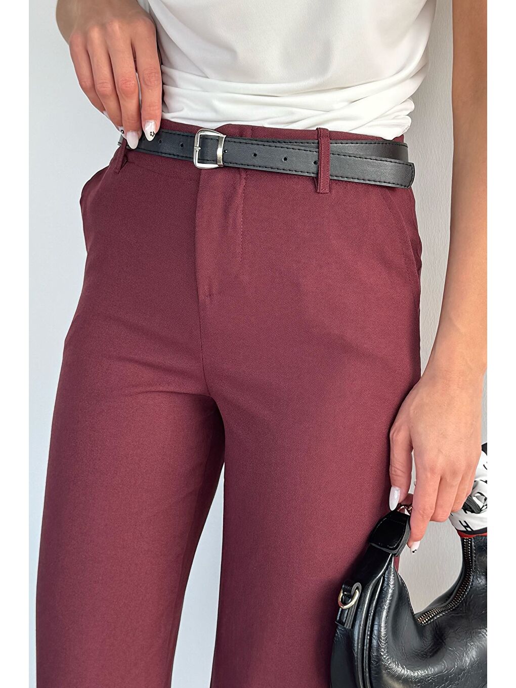 Bordo Kadın Kemerli Bol Paça Pantolon-3