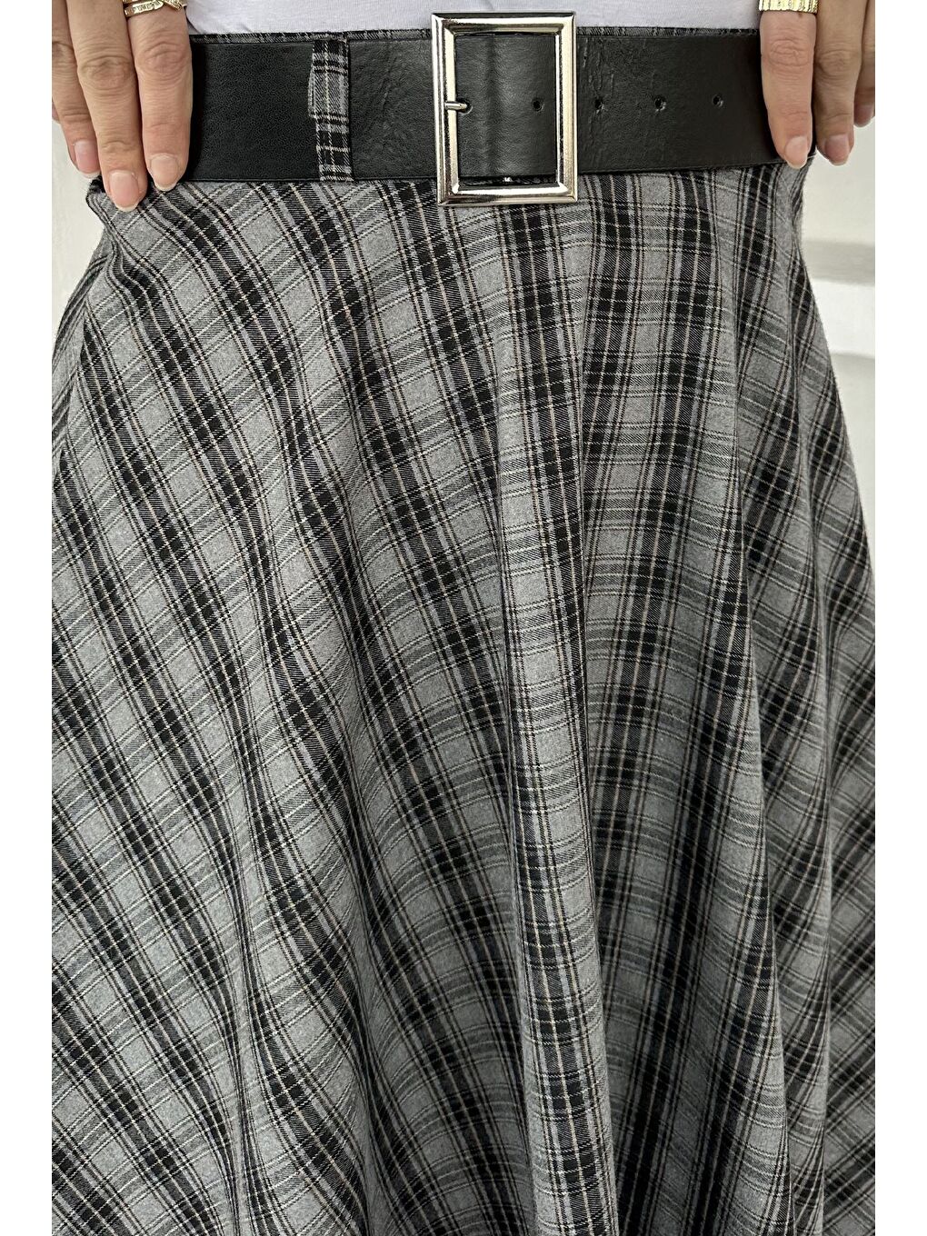 Gri Ekose Desenli Kemer Aksesuarlı Tesettür Kiloş Etek-9