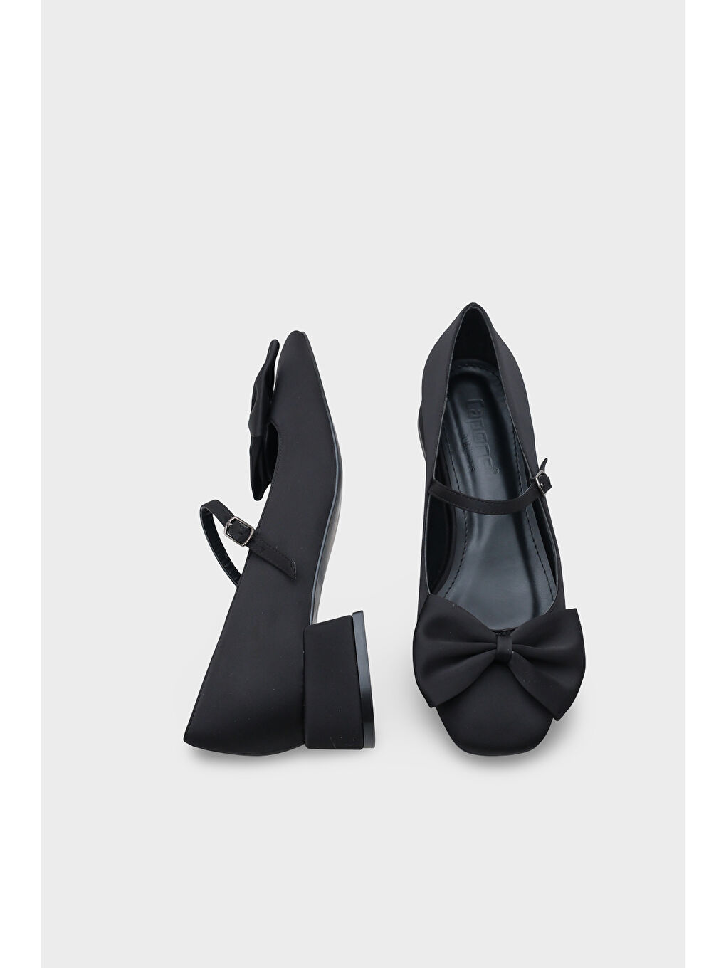 Siyah Susanna Kısa Topuklu Küt Burunlu Fiyonklu Mary Jane Saten Kadın Ayakkabı-4